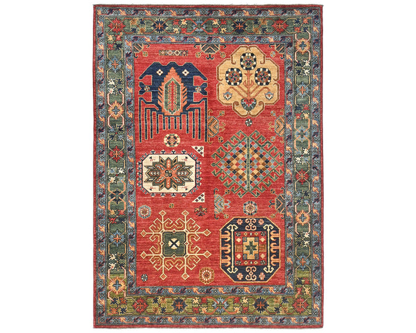 5x7 Red Green Ersari Afghan Hand Knotted Veg Dye Wool Area Rug
